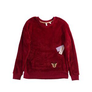 NWT Joyspun Sweater Girls S Red Crewneck Fuzzy Long Sleeve Front Pocket Pullover